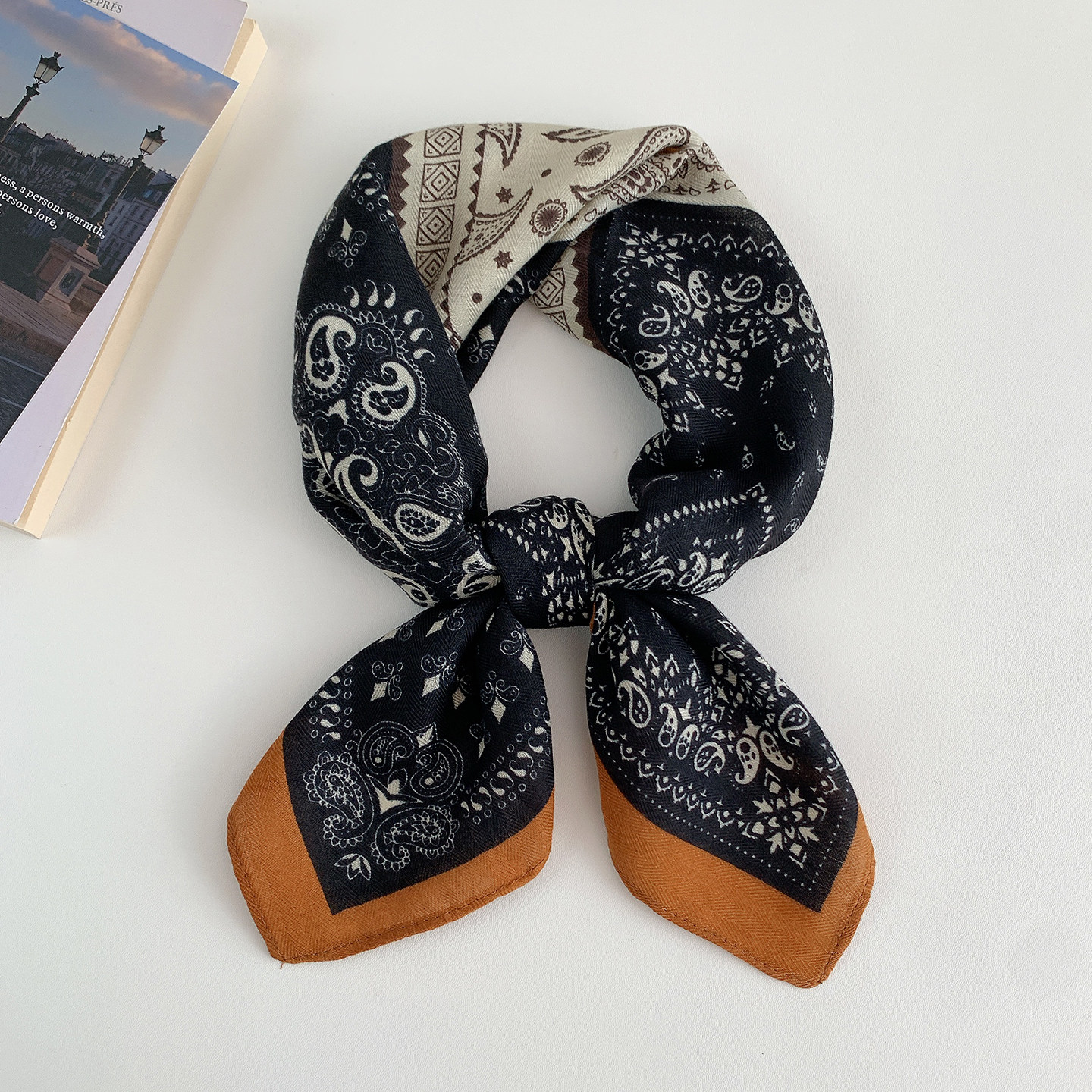 法式腰果花棉麻手感小方巾女丝巾春秋百搭高级感复古围巾护颈围脖