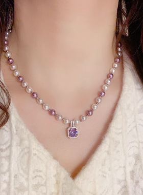 无混合宝石镶嵌紫色锆石方项链