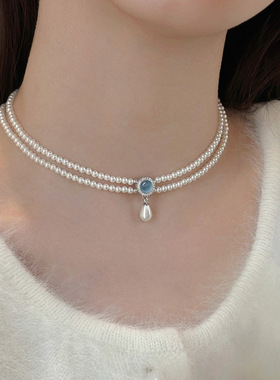 雨琦海蓝宝玉髓珍珠项链配项链
