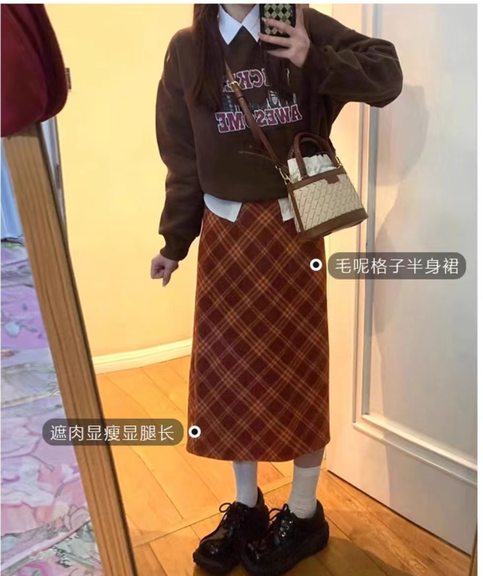 莹莹靓衣阁格子毛呢半身裙女秋冬新款高腰大码通勤显瘦中长款a字