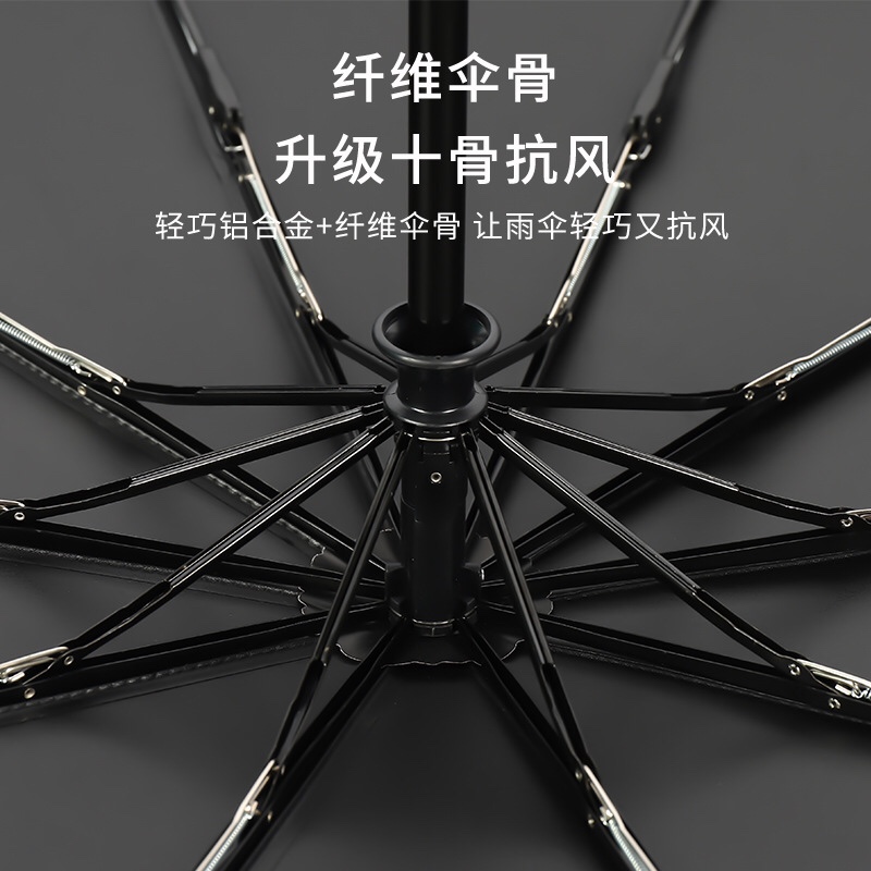 处理十骨防风雨伞三折全自动晴雨伞折叠伞男商务实木纯色一键开收 - 图1