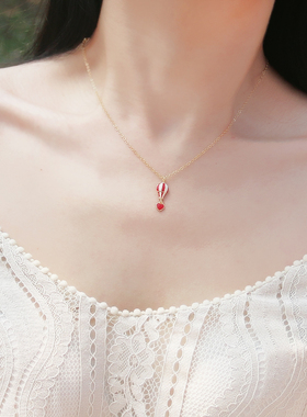 热气球18K金红色爱心形锁骨链