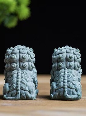 砂石中式招财石狮茶宠一对招财摆件造景家居桌面瑞兽创意鱼缸装饰