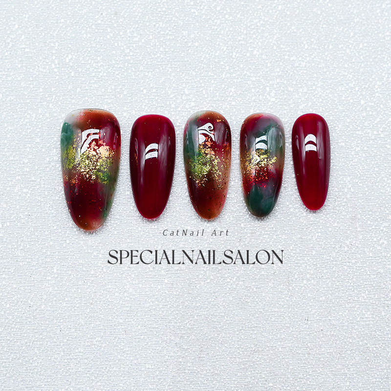 【夜宴玫影】纯手工穿戴美甲金箔晕染高级感红色爆闪新年指甲贴片,淘宝优惠券,粉丝福利购,淘宝优惠卷