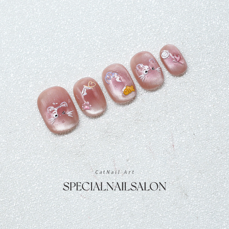 【喵小萌】纯手工童趣穿戴甲春夏粉色可爱立体彩绘可拆卸学生美甲,淘宝优惠券,粉丝福利购,淘宝优惠卷