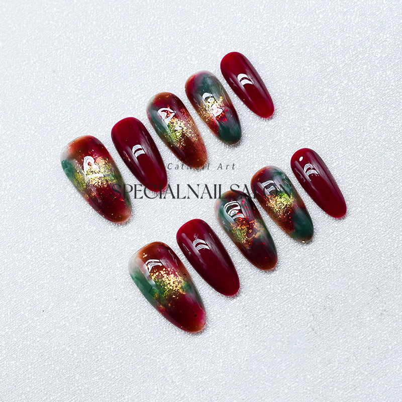 【夜宴玫影】纯手工穿戴美甲金箔晕染高级感红色爆闪新年指甲贴片,淘宝优惠券,粉丝福利购,淘宝优惠卷