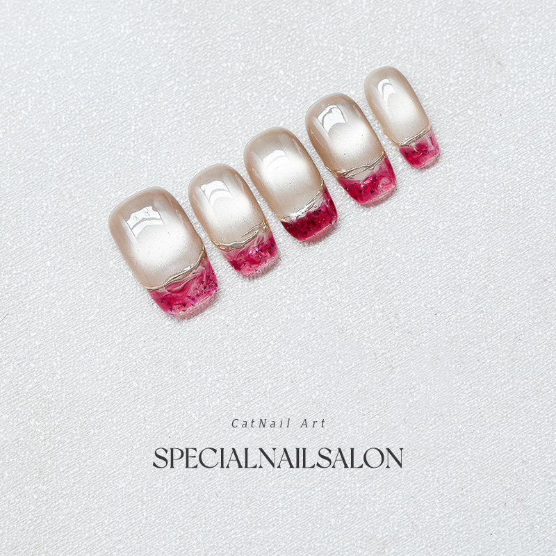 【芭西莓粉】纯手工穿戴甲夏日撞色猫眼高级感法式优雅显白美甲片,淘宝优惠券,粉丝福利购,淘宝优惠卷