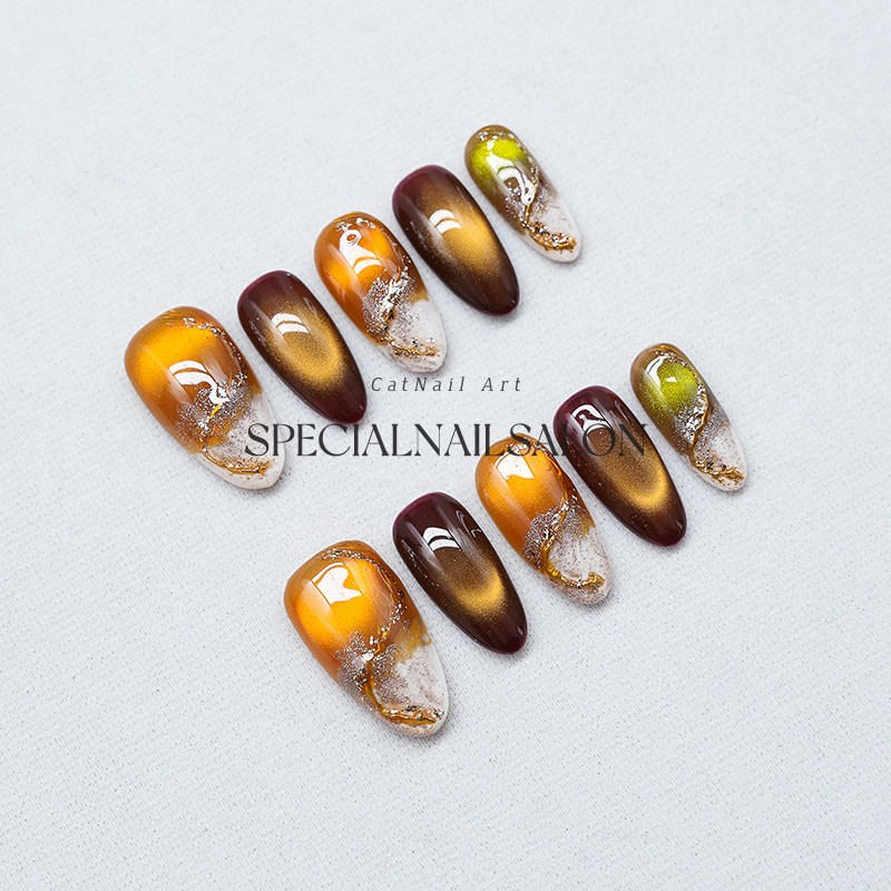 【琥珀夜影】纯手工穿戴式美甲琥珀金箔猫眼2026新款高级感指甲片,淘宝优惠券,粉丝福利购,淘宝优惠卷
