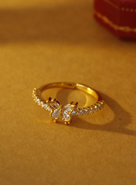 蝴蝶仙子金色闪钻锆石戒指极简轻奢精致开口戒满钻微镶锆石指环女