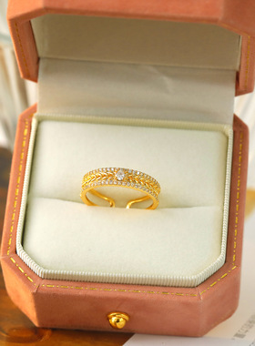 高级感双排超闪微镶锆石戒指通勤独特开口可调节指环简约精致戒指