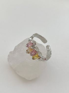 彩色琉璃开口戒指女设计感甜酷风银色食指戒女款 指环手饰品粉色