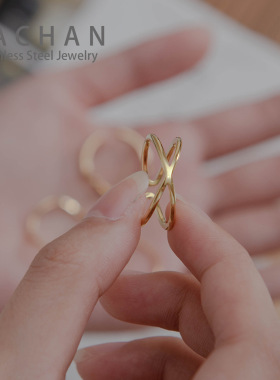 波浪线条组合戒指 爆款18K时尚简约设计感开口叠戴钛钢戒指女