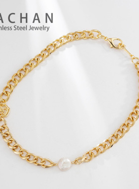 淡水珍珠项链女纽扣珠小众设计巴洛克潮流风古巴链锁骨链饰品