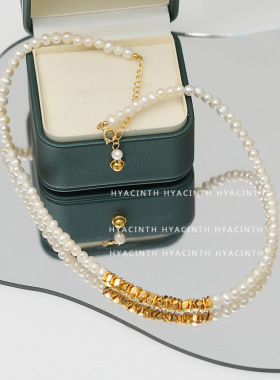 天然近正圆天然淡水珍珠项链不规则小方块金属锁骨链显气质项饰品