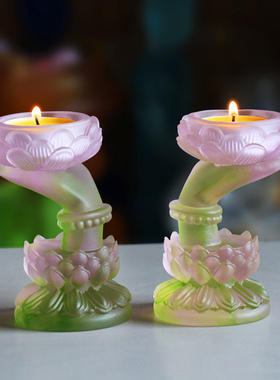 古法琉璃莲花佛前供灯一对酥油灯