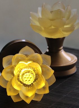 古法琉璃莲花佛供灯LED长明灯纯铜 铝底座供佛灯插充电一体莲花灯