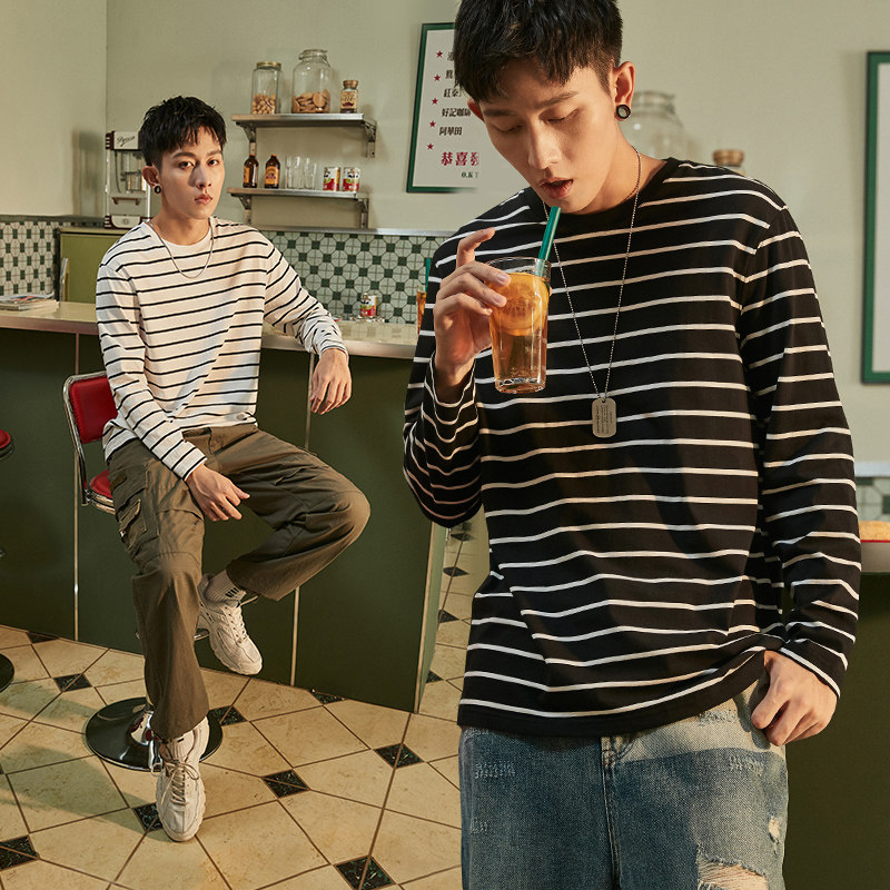 唐狮长袖条纹t恤男士2020秋打底衫 唐狮喜之乐T恤