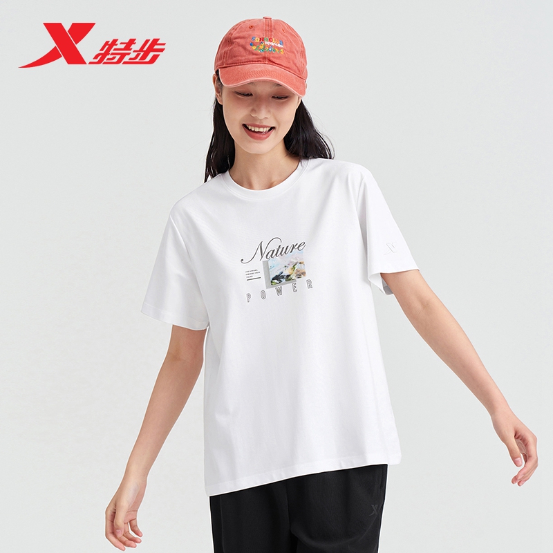 特步女短袖2024夏季新款针织半袖百搭宽松T恤女上衣976228010079