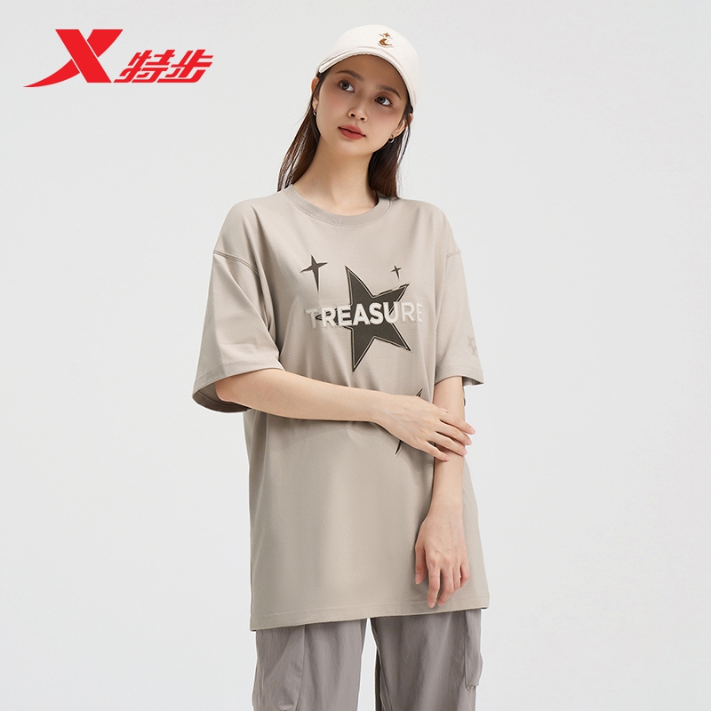 特步女短袖2024夏季新款针织半袖百搭宽松T恤女上衣976228010079