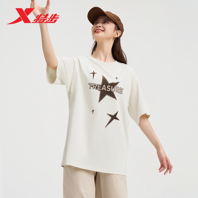 特步女短袖2024夏季新款针织半袖百搭宽松T恤女上衣976228010079