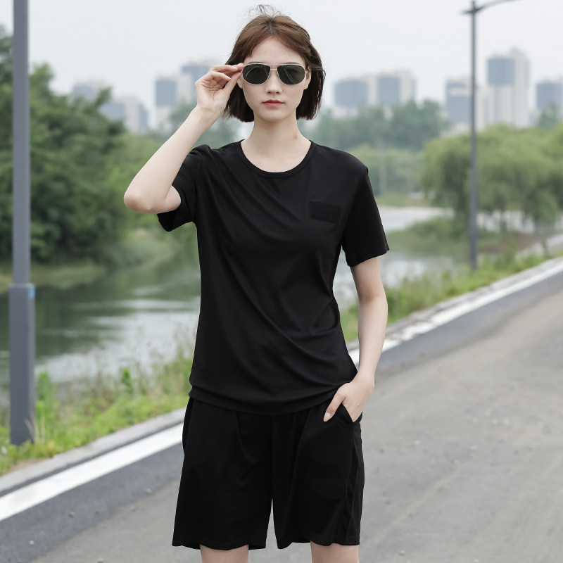 黑色圆领天丝短袖训练服套装t恤 盾郎秀目T恤