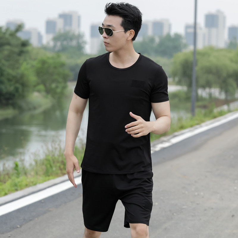 黑色圆领天丝短袖训练服套装t恤 盾郎秀目T恤