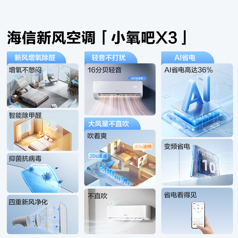 海信新风空调大1.5匹小氧吧X3一级变频挂机空调卧室家用国家补贴