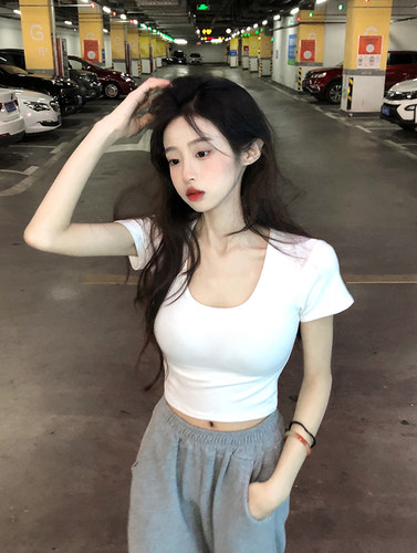 方领夏季纯欲风大U领150小个子白色短袖T恤女短款正肩辣妹上衣XS - 图1