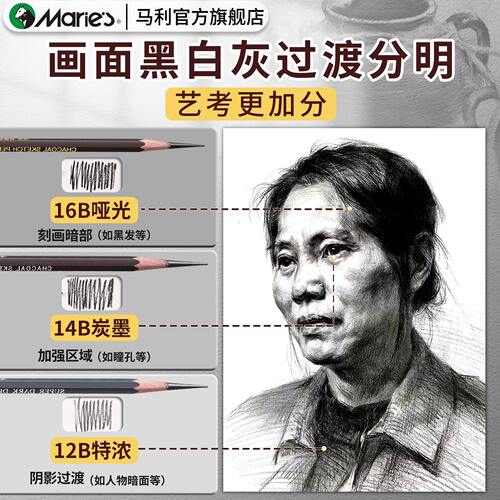 马利14b素描铅笔哑光绘画联考试专用铅笔12b16b速写生绘图笔美术生2bhb特浓炭墨笔套装艺考学生用旗舰店正品 - 图0