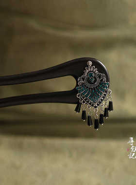 U型双钗汉服日常发簪黑檀木古风