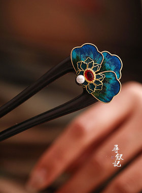 时尚设计感小众国风掐丝蚕丝绒花U型檀木发簪新中式国风手工发饰