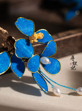 仿点翠发饰绒布发夹平替绒花古风头饰手工新中式蓝色汉服国风配饰