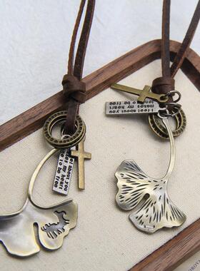 双面银杏叶棉麻衣服配饰百搭森系长款毛衣项链皮绳挂件女复古文艺