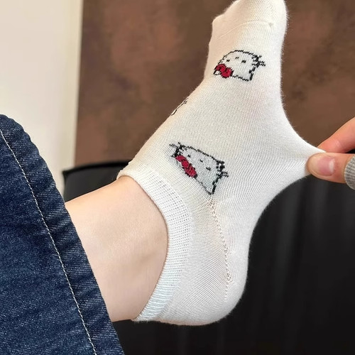 袜子女纯棉隐形短袜夏季薄款透气吸汗日系卡通kitty猫不掉跟船袜 - 图1