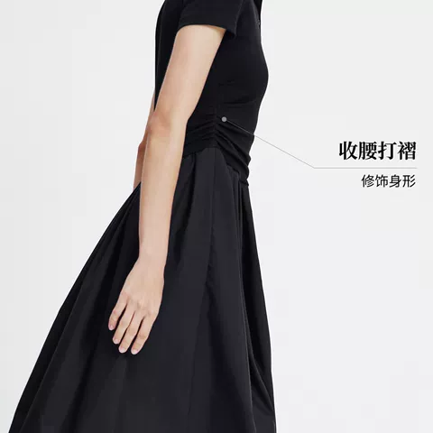 Navigare小帆船黑色假两件通勤连衣裙女短袖2026夏季翻领收腰长裙 图片 3