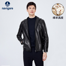 Sheep leather] NavigaCare Italy small sailing black casual leather coat jacket mens autumn Lianhat leather jacket