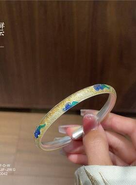 足银s999祥云手镯女珐琅描金开口实心古法纯银镯子首饰手环送妈妈