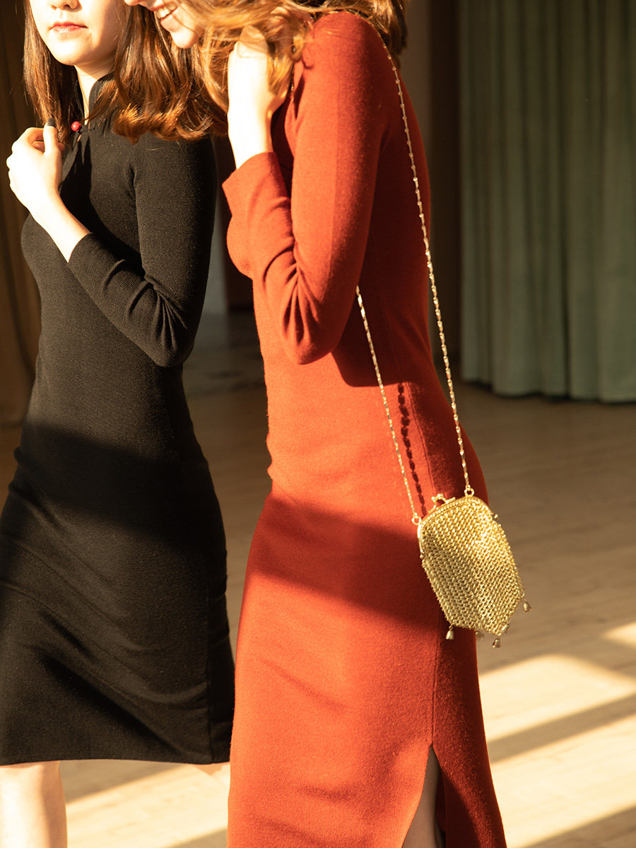 旗袍改良版中国风复古羊毛连衣裙 mixselection连衣裙