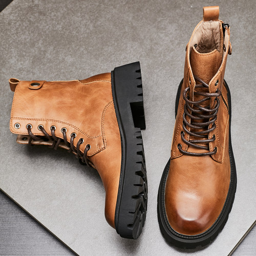 靴子男士秋冬牛皮厚底马丁靴高帮拉链复古皮靴潮流百搭机车户外靴 - 图1