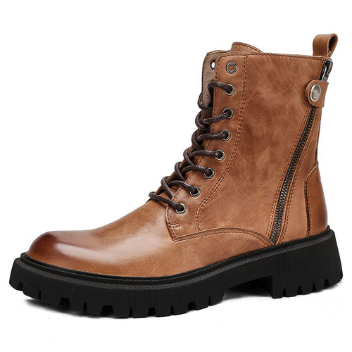 靴子男士秋冬牛皮厚底马丁靴高帮拉链复古皮靴潮流百搭机车户外靴 - 图0