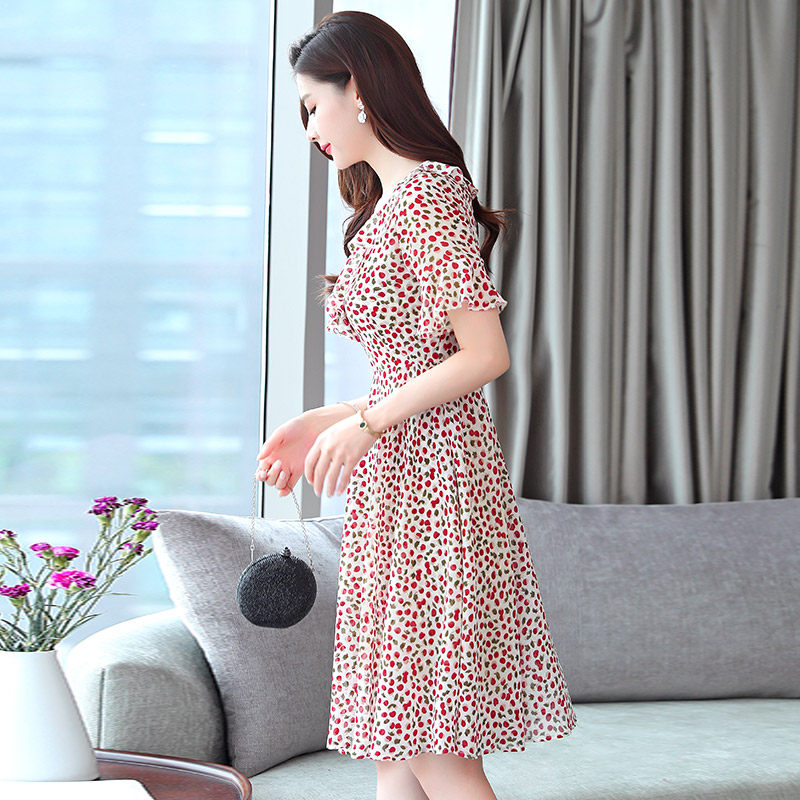 女夏2020新款荷叶领樱桃印花雪纺 柔情恋连衣裙