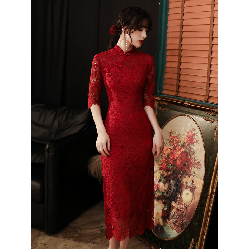 旗袍新娘2020新款酒红色结婚裙子 圆裳礼服/晚装