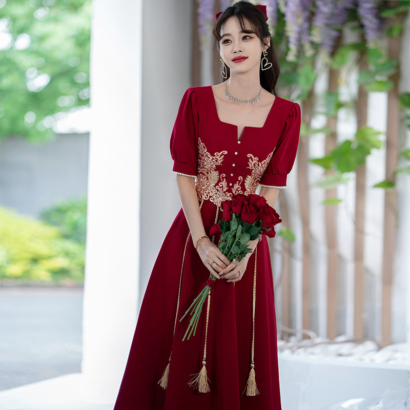 新娘夏季酒红色连衣裙中式晚礼服 圆裳礼服/晚装