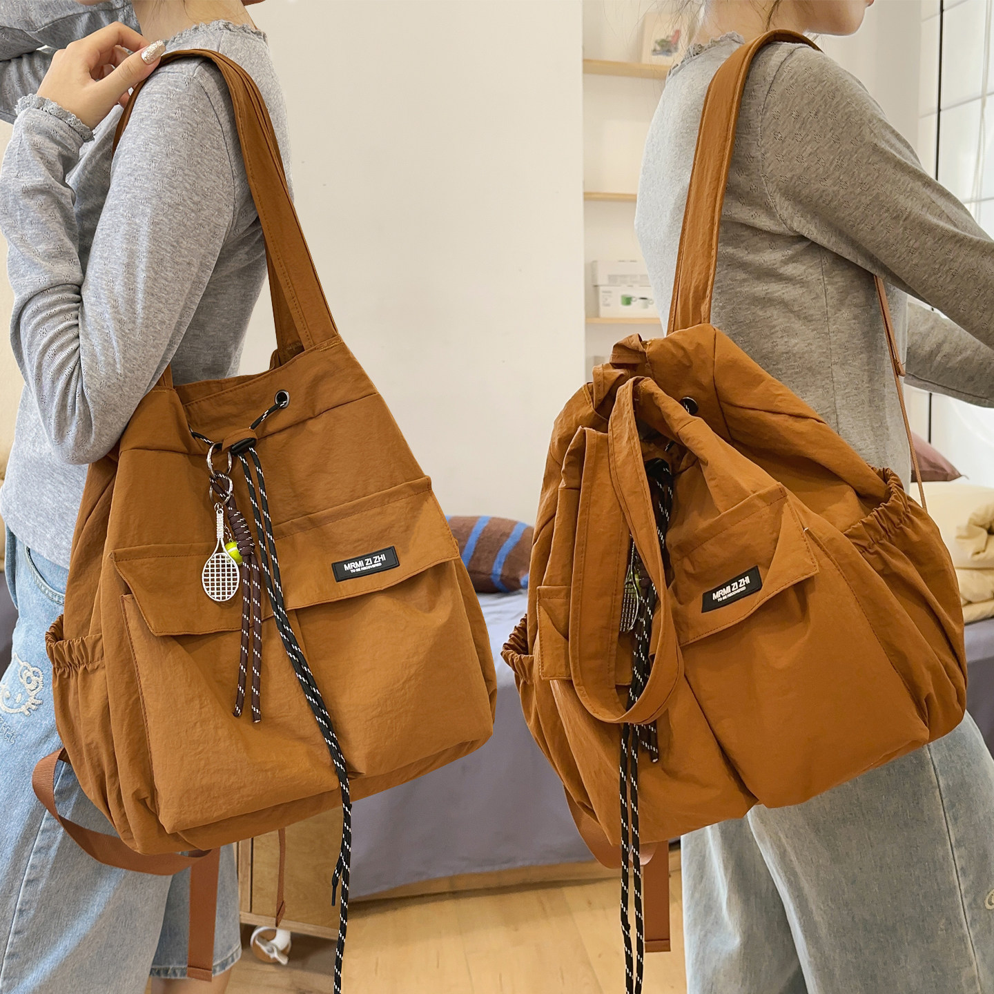 Multifunctional dual-purpose bag for female college students, outdoor sports travel backpack, junior high school student lightweight drawstring shoulder bag