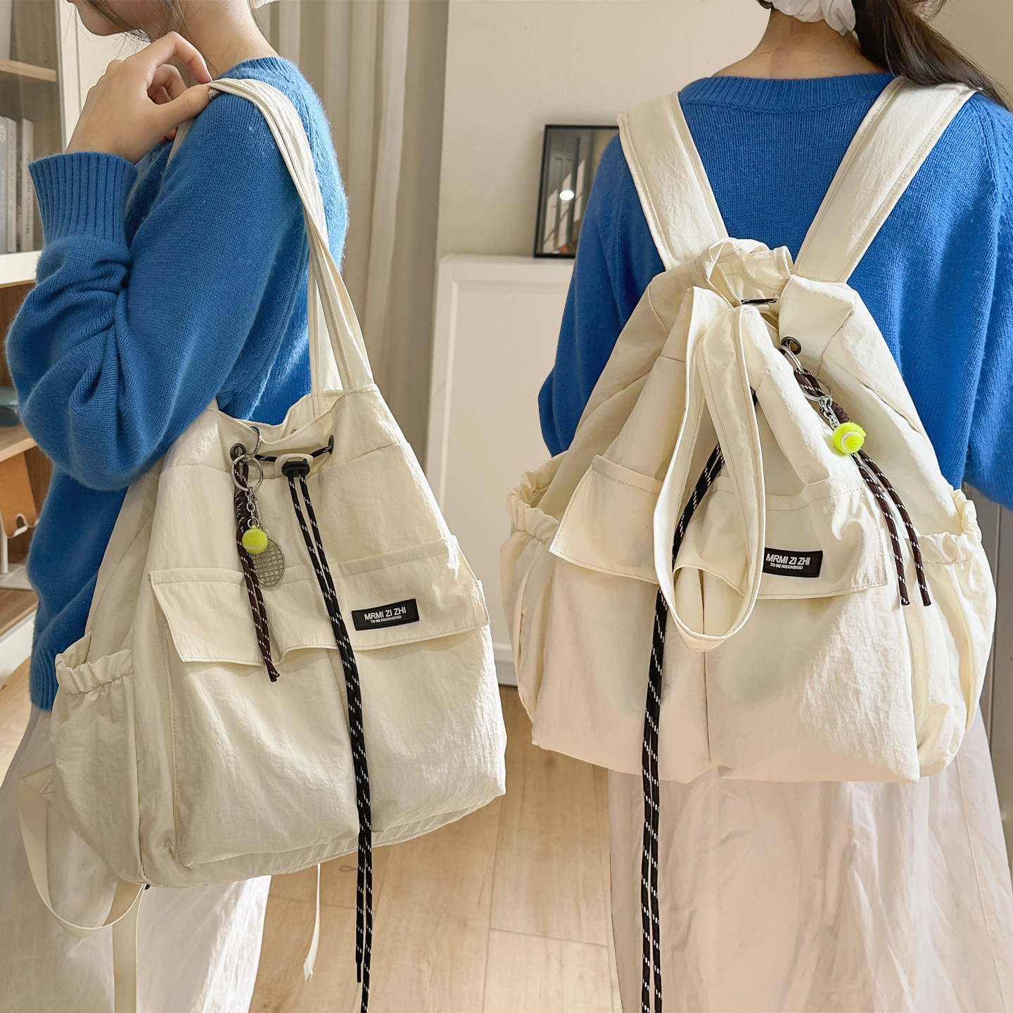Multifunctional dual-purpose bag for female college students, outdoor sports travel backpack, junior high school student lightweight drawstring shoulder bag