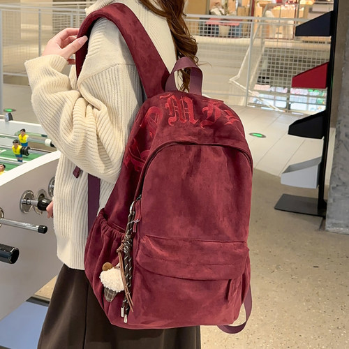 高级感麂皮绒双肩包男初中生书包女大学生简约风通勤旅行电脑背包 - 图0