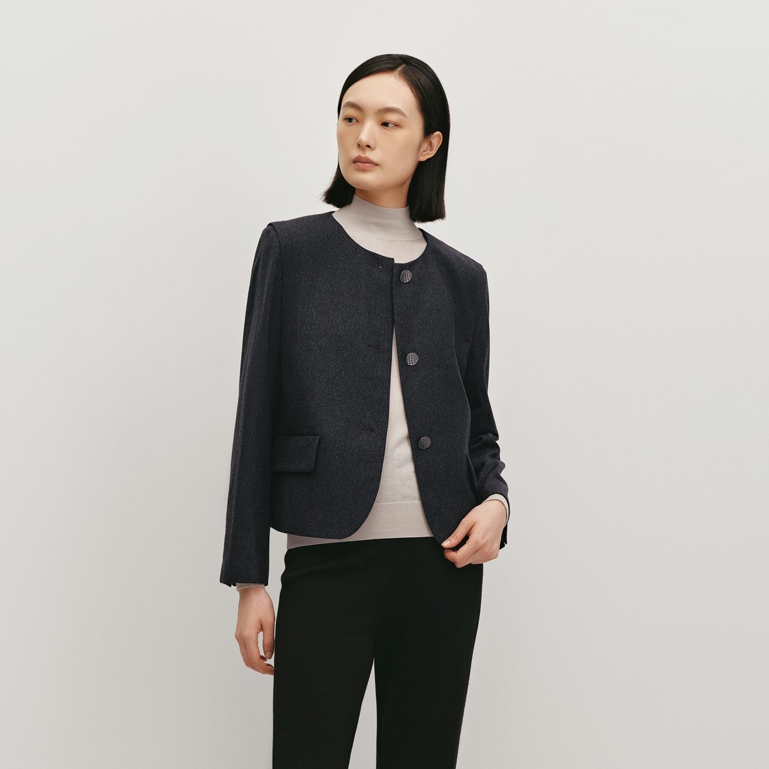 OVV秋冬热卖女装细闪羊毛薄花呢圆弧下摆休闲夹克外套