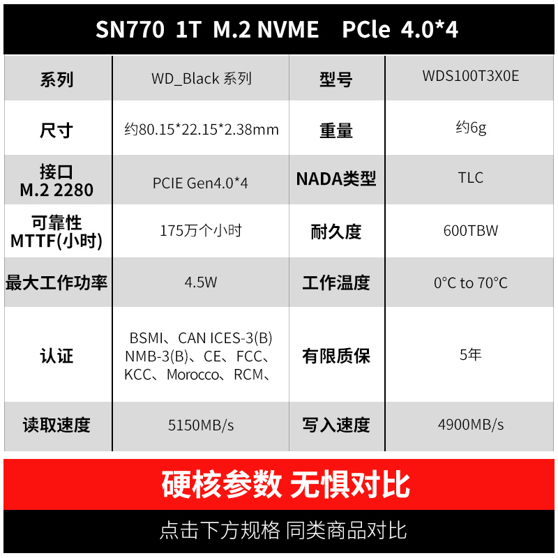 WD/西部数据SN580/770/850X西数1T/2TB NVME固态M.2硬盘M2SSD 1TB-图0