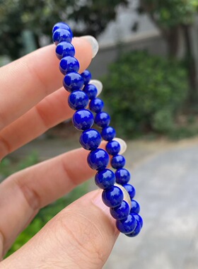 天然青金石单圈成品手链正蓝均匀 极少白微微金 6.8mm珠