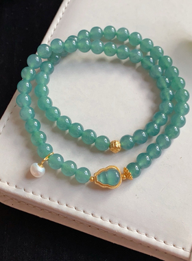 天然A货翡翠蓝水手链s925银翡翠葫芦珍珠吊坠提溜双圈手串